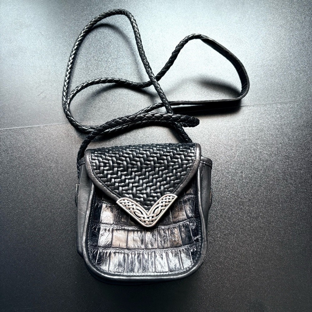 Vintage BRIGHTON leather black Silver metal Shoulder‎ Bag crossbody western